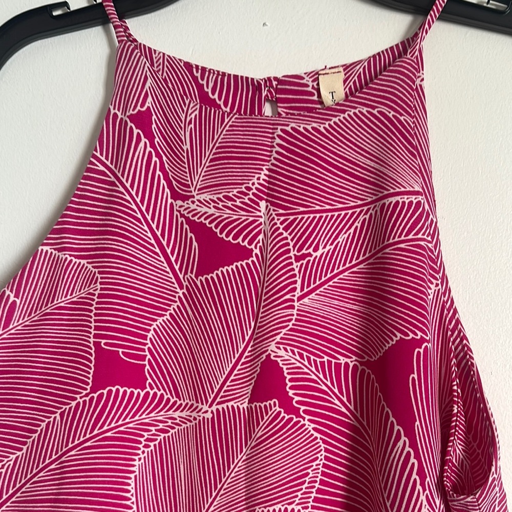 Elegant Pink Leaf Print Mini Dress - Picture 2 of 5